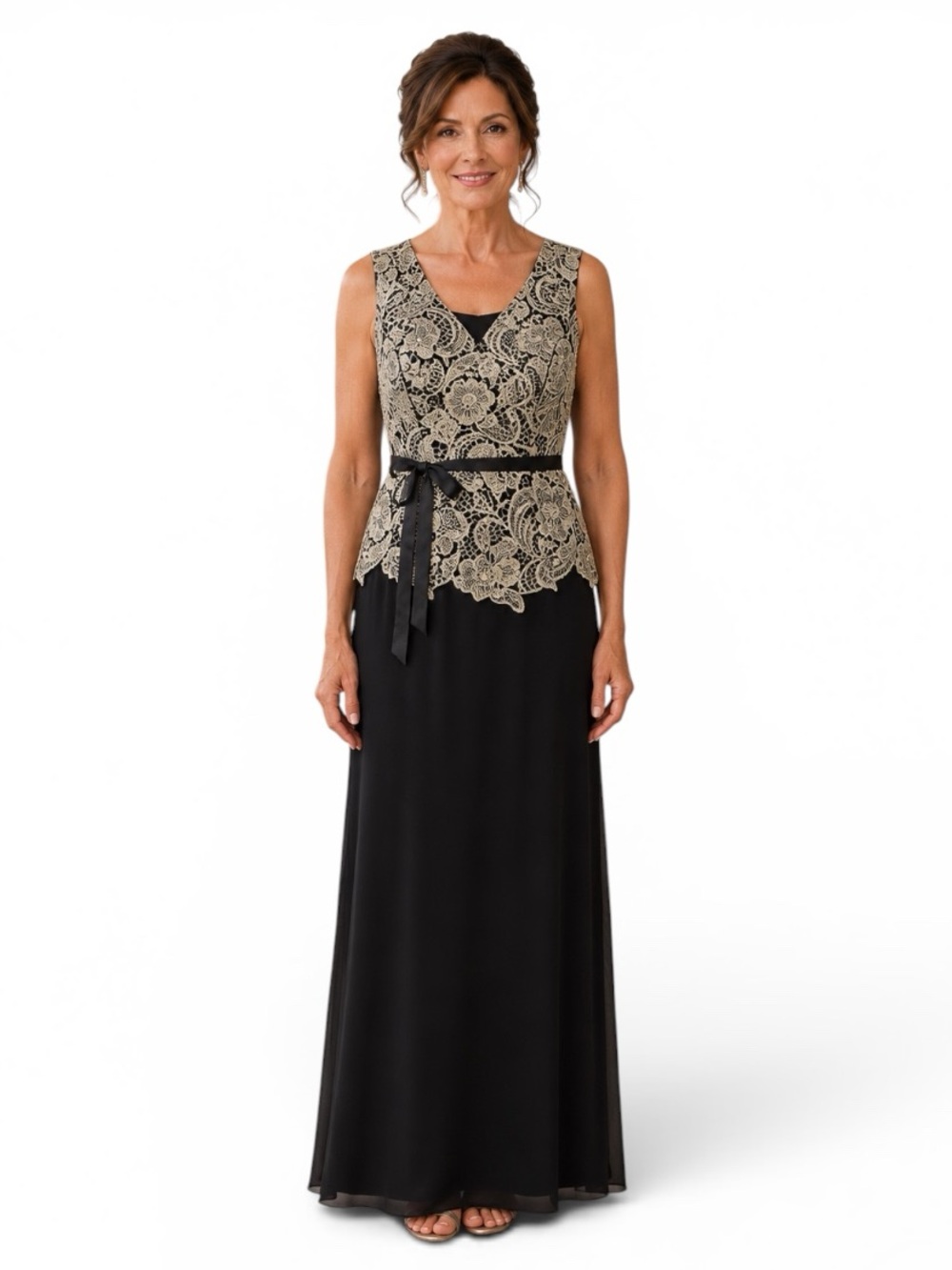 Alex Evenings Sleeveless Black & Gold Maxi Dress Size 8 Chiffon Skirt Lace Top